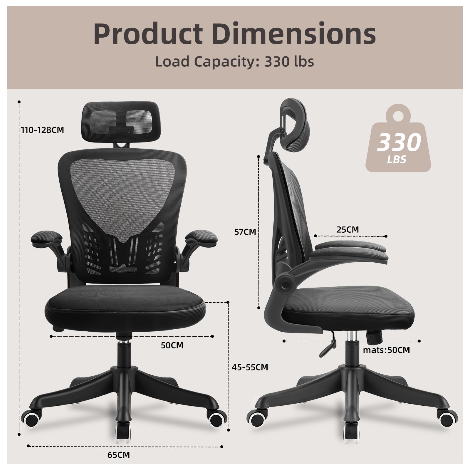 Chaise de Bureau, Chaise Ergonomique en Résille avec Soutien Lombaire et Appui-Tête Réglable, Coussin D'Assise Généreux, Adaptée au Bureau et à La Maison