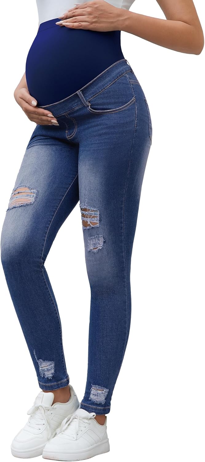 Maternity Jeans for Women Over Belly Stretch Skinny Pants Ripped Comfy Slim Denim for Throughout Pregnancy