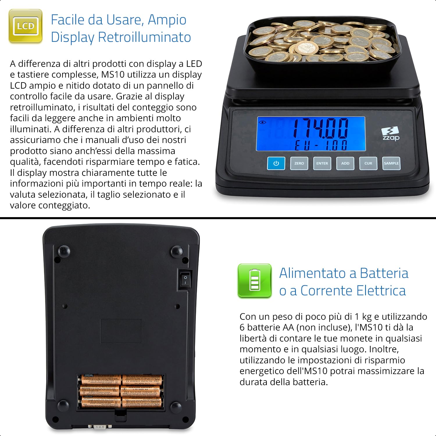 ZZap MS10 Bilancia contamonete - Conta 5 valute e altri articoli, conta 3 kg di monete, display retroilluminato, alimentato a batteria e molto altro!