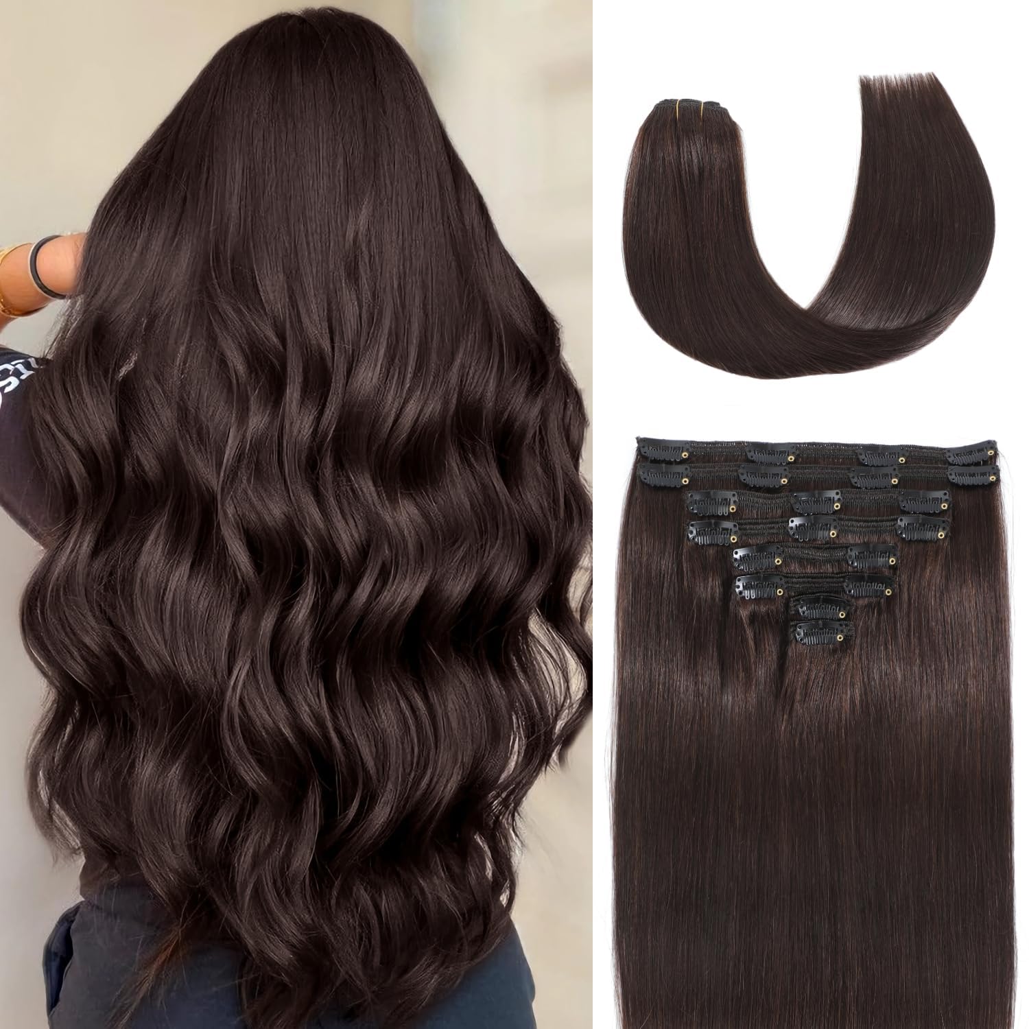Clip in Hair Extensions Real Human Hair for Women Seamless Invisible Dark Brown Natural 8pcs Double Weft 16 inch 3.2oz/90g
