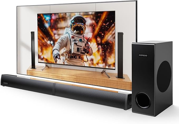 MEREDO Barra de Sonido Surround 2.1 para PC Gaming, Barra de Sonido de TV Desmontable 2 en 1 con subwoofer Transmisión de Audio USB Graves/Agudos Ajustables 5 Modos EQ - BT 5.4/HD-ARC/Óptico/AUX