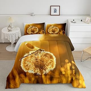 Dragonfly Comforter Set Queen Size, Dandelion Floral Bedding For Women Girls Teens Adult, Farmhouse Style Botanical Plants Duvet Insert, Natural Flying Animals Sunshine Down Comforter, Yellow