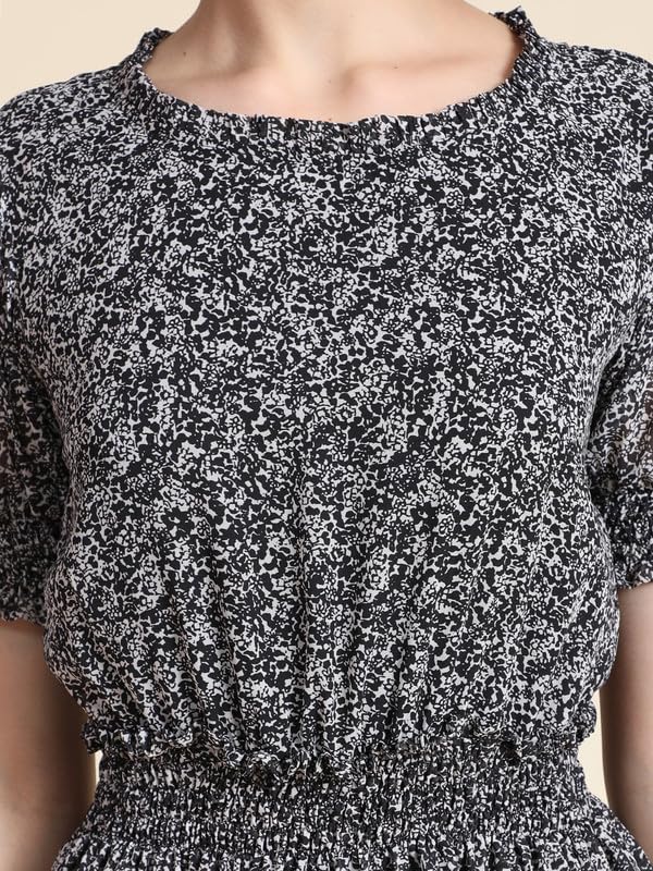 Image of Cicica Women's Black Georgette Textured Print Layered Western Dress | Dress for Women | A line Dress | Winter Dress | Western Dress | Women Dress | Trendy Dress | Midi Dress
