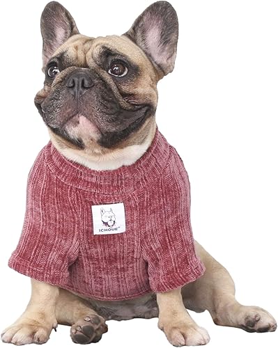 iChoue Suéter cálido de invierno para mascotas, ropa de cuello alto para Bulldog francés, Pug Boston Terrier de pana para clima frío, color morado,