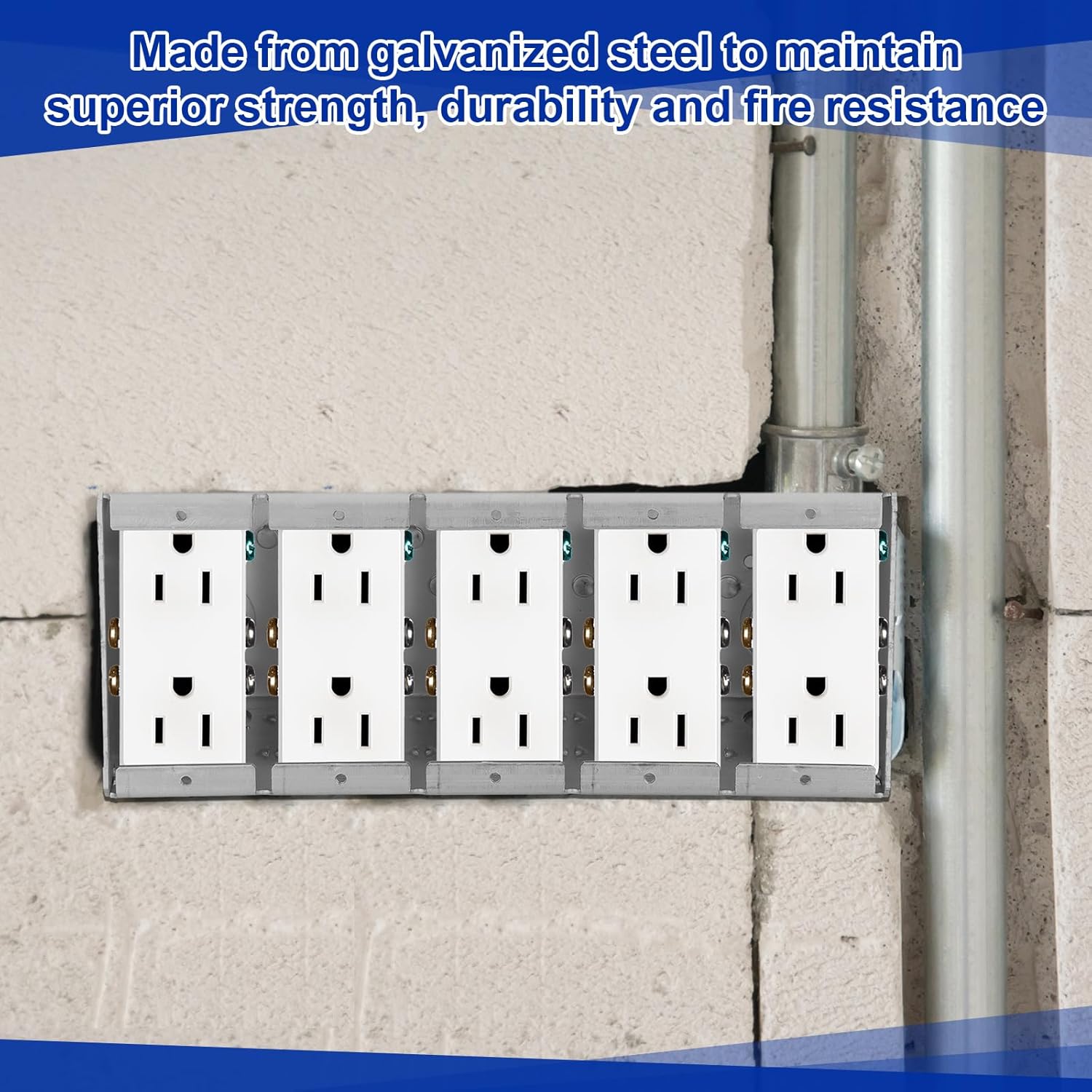 2 Pack Solid 3-1/2 Inch Deep Five Gang Masonry Box Galvanized Steel Electrical 5 Gang Outlet Tool Box for High-Capacity Wiring Commercial Residential Masonry Walls