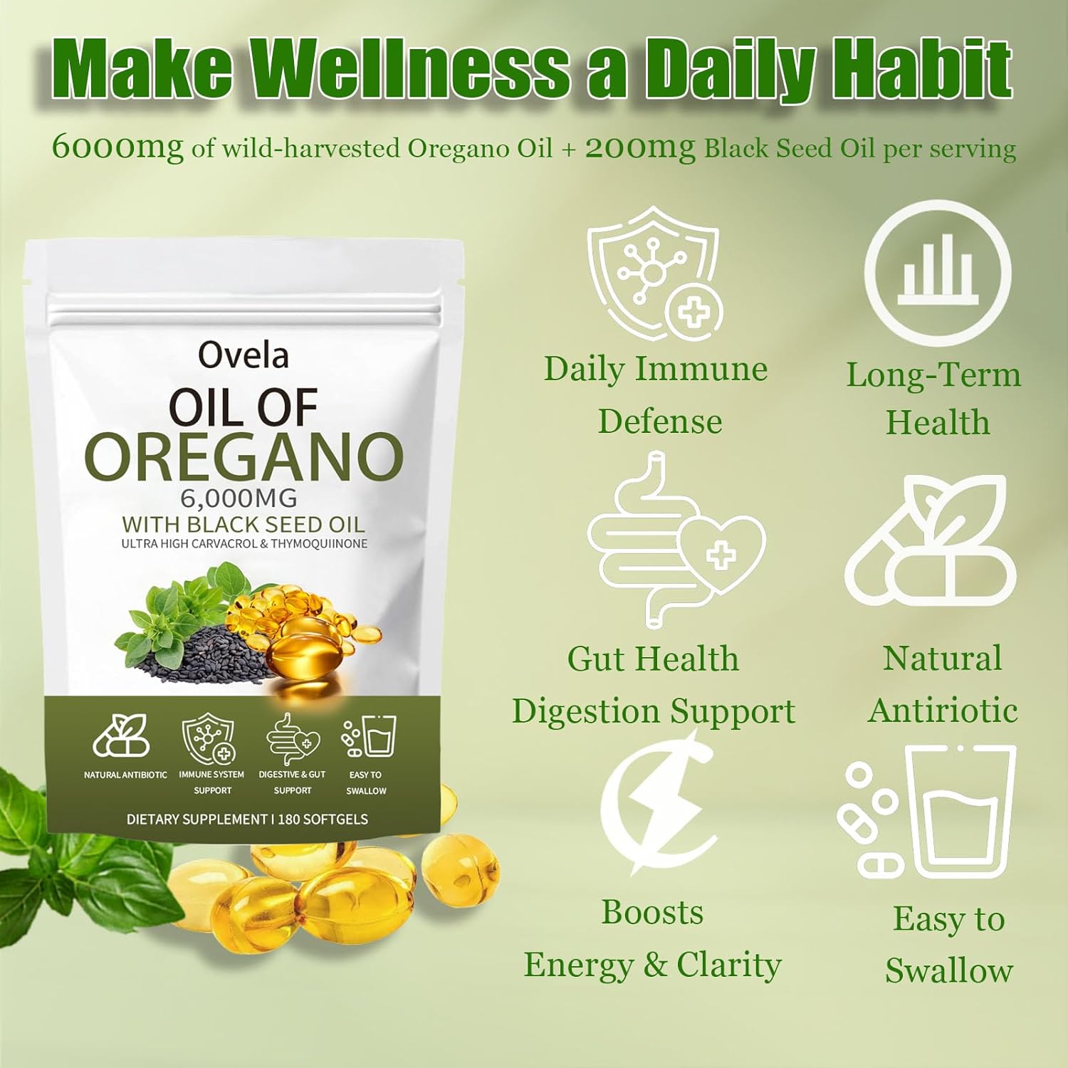 Ovela Oil of Oregano with Black Seed Oil, Oil of Oregano Softgels, 6000mg Pure & Natural Supplement, Immune Support | Improving Gut Health | Boosts Energy, Non-GMO, Gluten Free (1) - Image 2