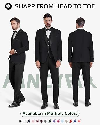 Men's Slim Fit 3-Piece Tuxedo Set, One Button Shawl Collar Jacket Vest Pants for Party, Business and Wedding