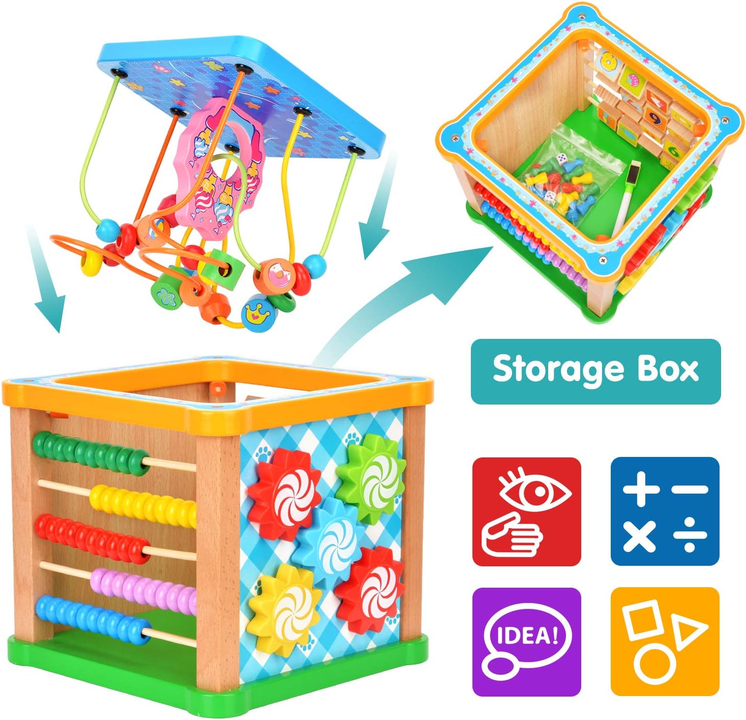 Victostar Activity Cube, 7 in 1 Bead Maze Multipurpose Educational Toy Wood Shape Color Sorter for Kids