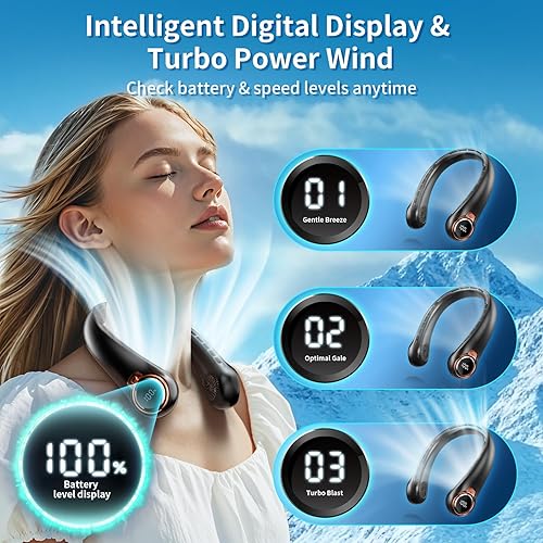 Miniatura 2 de Ventilador de cuello portátil con USB de 6000 mAh, batería recargable, pantalla LED de ventilador de cuello ultraligero sin aspas, ventilador