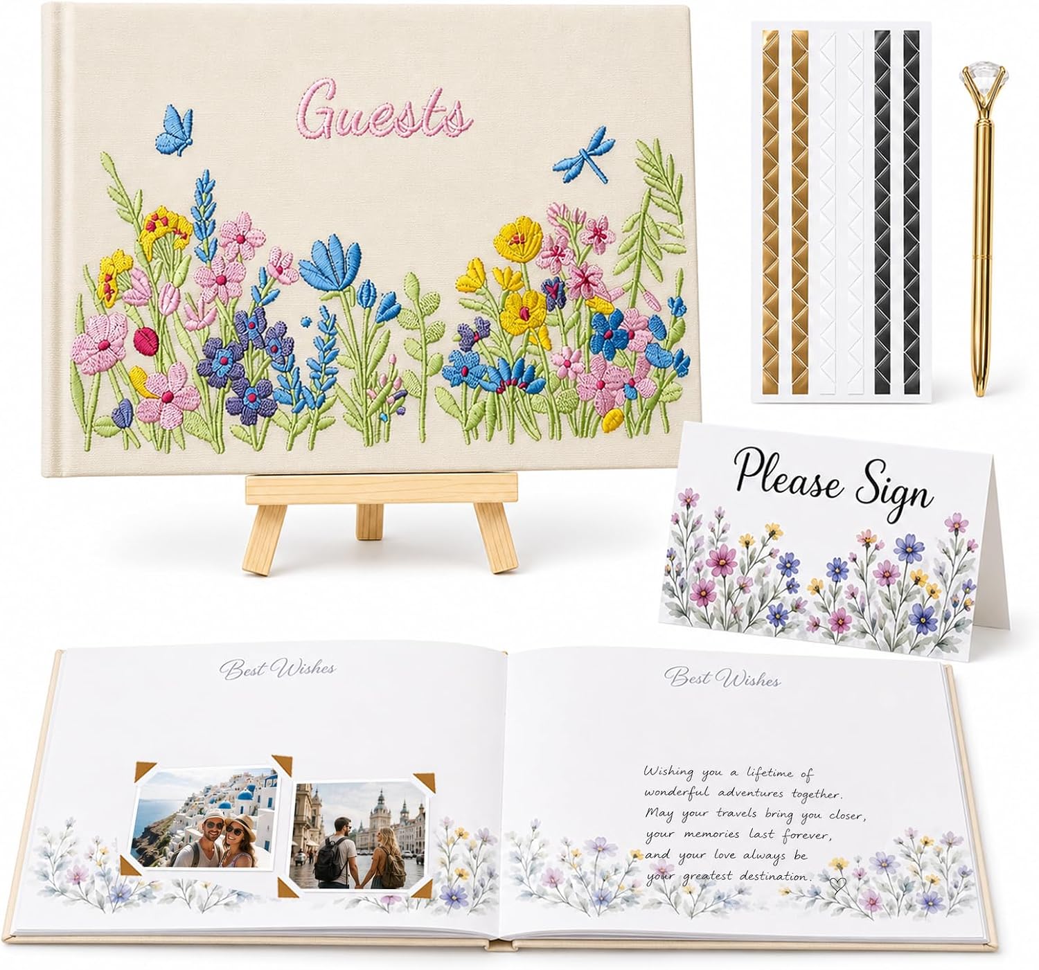 Wedding Guest Book Set with Pen and Sign Card | Embroidered Floral Fabric Guestbook with Wildflowers for Wedding Reception, Bridal Shower, Baby Shower and Party Decor