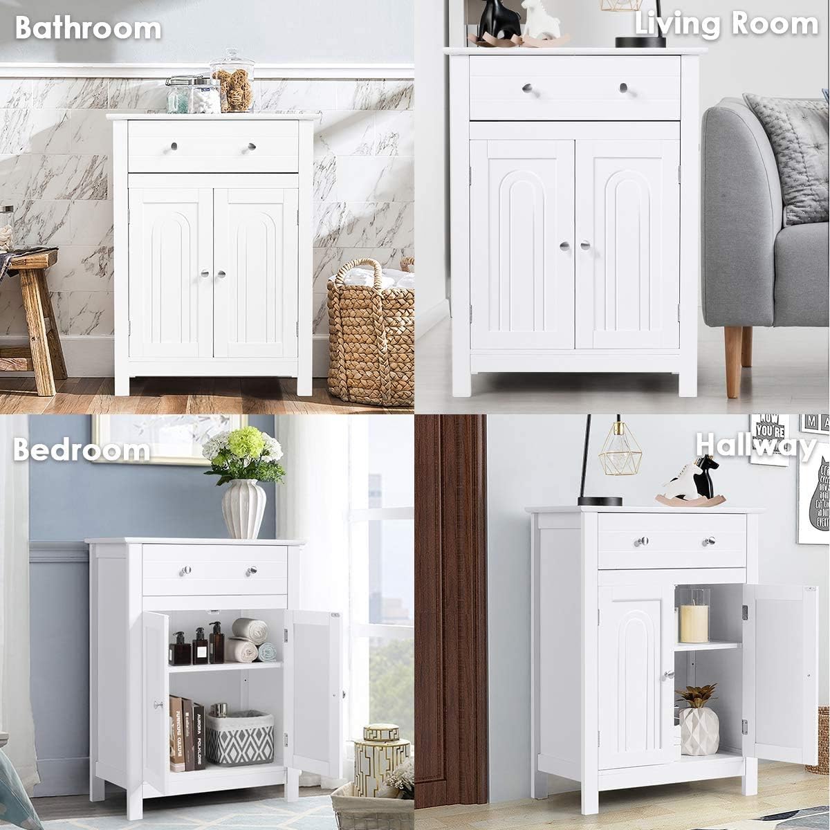 Bathroom Storage Cabinet, Free Standing Floor Cabinet with Double Door, Large Drawer and Adjustable Shelf, Ideal for Home Bathroom Living Room