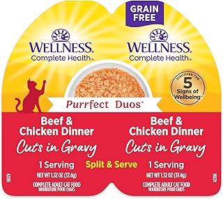 Wellness Complete Health Purrfect Duos Cuts in Gravy Adult Wet Cat Food, Natural, Protein Rich, Grain Free, Beef and Chicken Dinner Recipe, 2.64 oz, Pack of 12 Split Cups