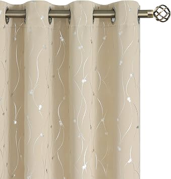 BGment Room Darkening Curtains 72 Inches Long, Grommet Thermal Insulated Blackout Curtains with Wave Line and Dots Printed for Bedroom, 2 Panels, Each 52 x 72 Inch, Beige