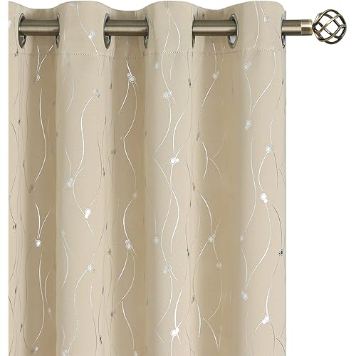 BGment Room Darkening Curtains 63 Inches Long, Grommet Thermal Insulated Blackout Curtains with Wave Line and Dots Printed for Bedroom, 2 Panels, Each 52 x 63 Inch, Beige