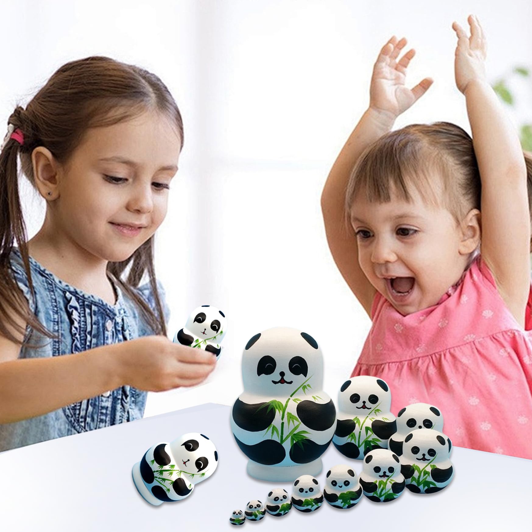 10 pièces poupées gigognes, poupée Matryoshka Design Panda Dessin animé Mignon avec Motif de Bambou poupées gigognes Russes en Bois pour Les Enfants