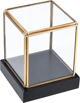 HighFree Clear Glass Display Case, Vintage Gold Glass Display Box Showcase with Black Solid Wooden Base, Square Clear Keepsake Box for Hobby Collectibles, 3.6x3.6x3.9 Inch