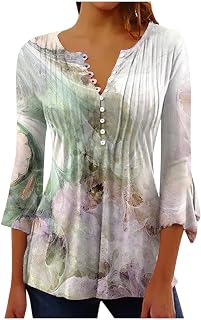 Womens Tunic Tops Sale Clearance Elegant Autumn Button Down Color Clock Tops Tie Dye Vintage V Neck Tunics Plus Size Pleated Flowy Shirts Ladies Spring Casual Tunic Comfy 3/4 Sleeve Tees Shirts
