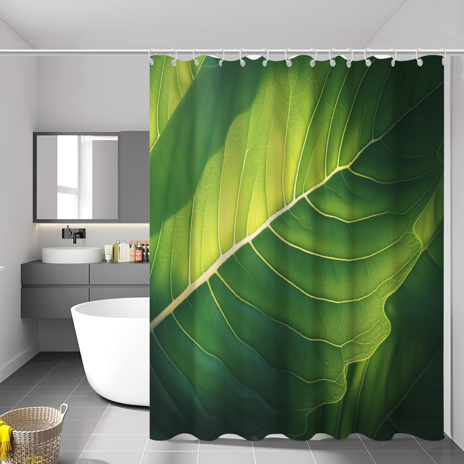 Rideau de douche en tissu feuille verte pour salle de bain nature