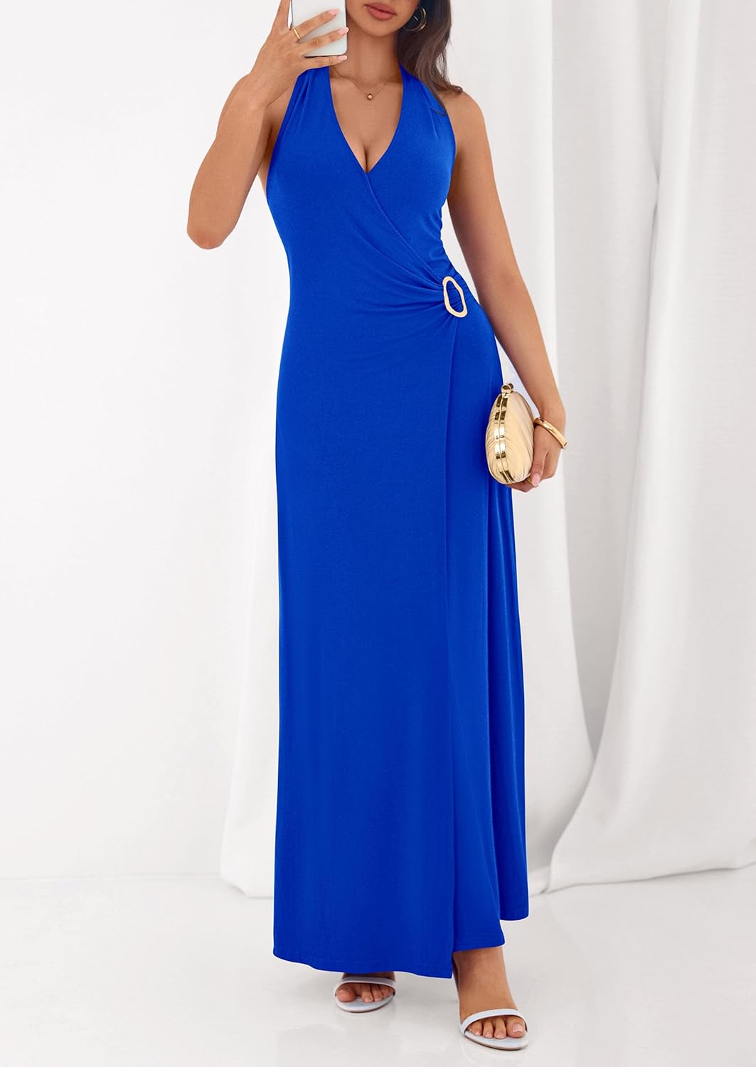 PRETTYGARDEN Halter Dresses for Women 2026 Elegant Classy Spring V Neck Tie Backless Summer Wedding Guest Cocktail Midi Dress - Image 8