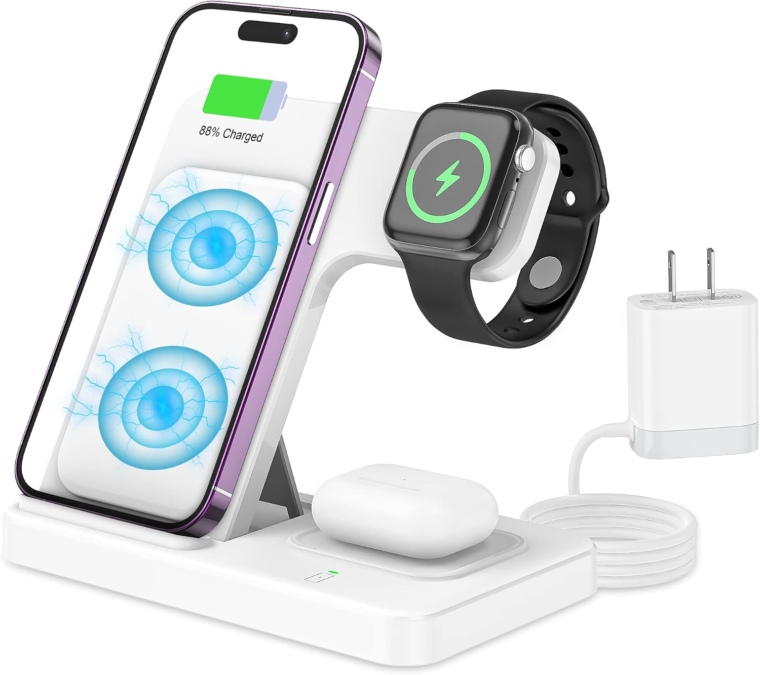 3 in 1 Wireless Foldable Charging Station,Folding Fast Charger Dock Stand for Apple iPhone 14/13/12/11/Pro/Max/XS/XR/X/Plus/Apple Watch 7/6/5/4/3/2/SE, AirPods 3/2(with Adapter)