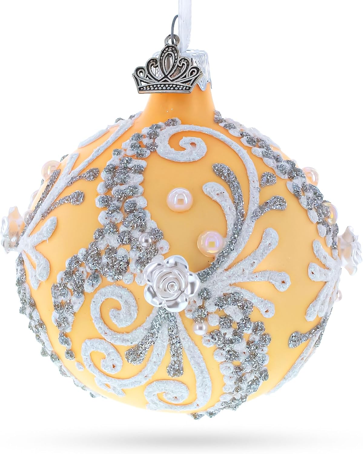 Snow Swirls on Ivory Glass Ball Christmas Ornament 3.25 Inches | Hand Painted in Ukraine, German Glass, Italian Paints, Hanging Ribbon, Gift Tag, Gift Boxed