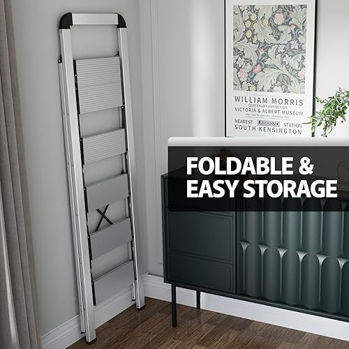 Miniatura 14 de KINGRACK Escalera de escalón, 2 escalones, escalera plegable con pasamanos, escalera doméstica antideslizante con seguridad plegable, taburete