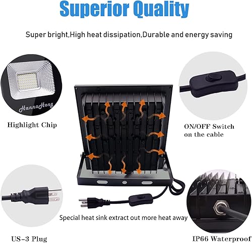 Miniatura 5 de HANNAHONG Luz de inundación LED de 10 W, 1100 lúmenes, luz súper brillante de seguridadtrabajoplanta, IP66 impermeable al aire libre, reflector para