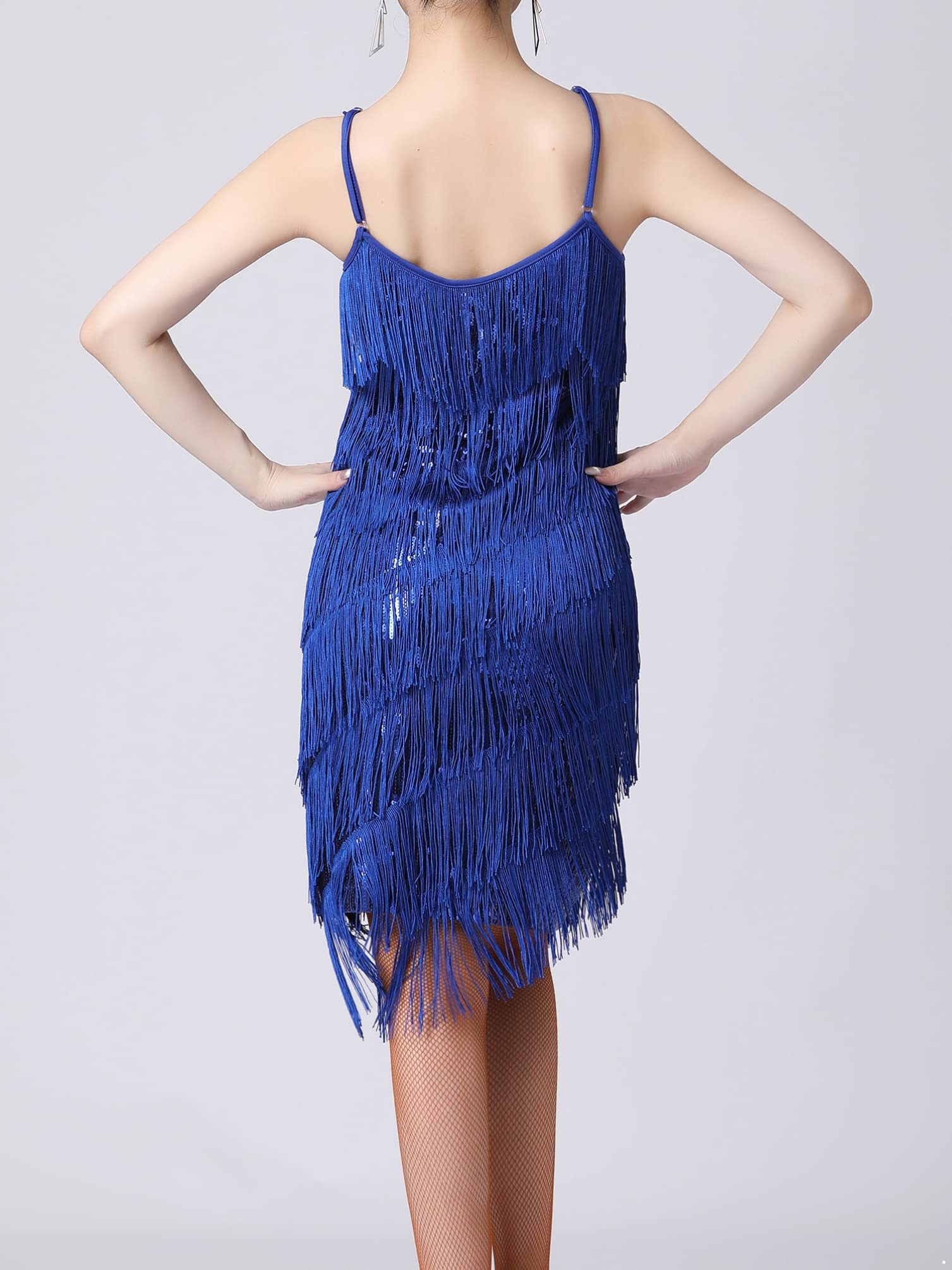 inhzoy Abito da Ballo Donna Vestito Brillante Elegante con Nappa Frange Paillettes Lucido Senza Maniche Scollo a V Costume da Latino Salsa Tango Cha Rumba Ballo Moderna