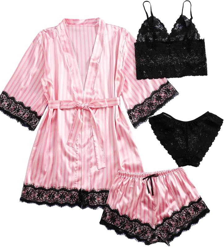 SOLY HUX Conjunto de pijama de satén para mujer con ribete de encaje - Ropa de dormir y bata de 4 piezas