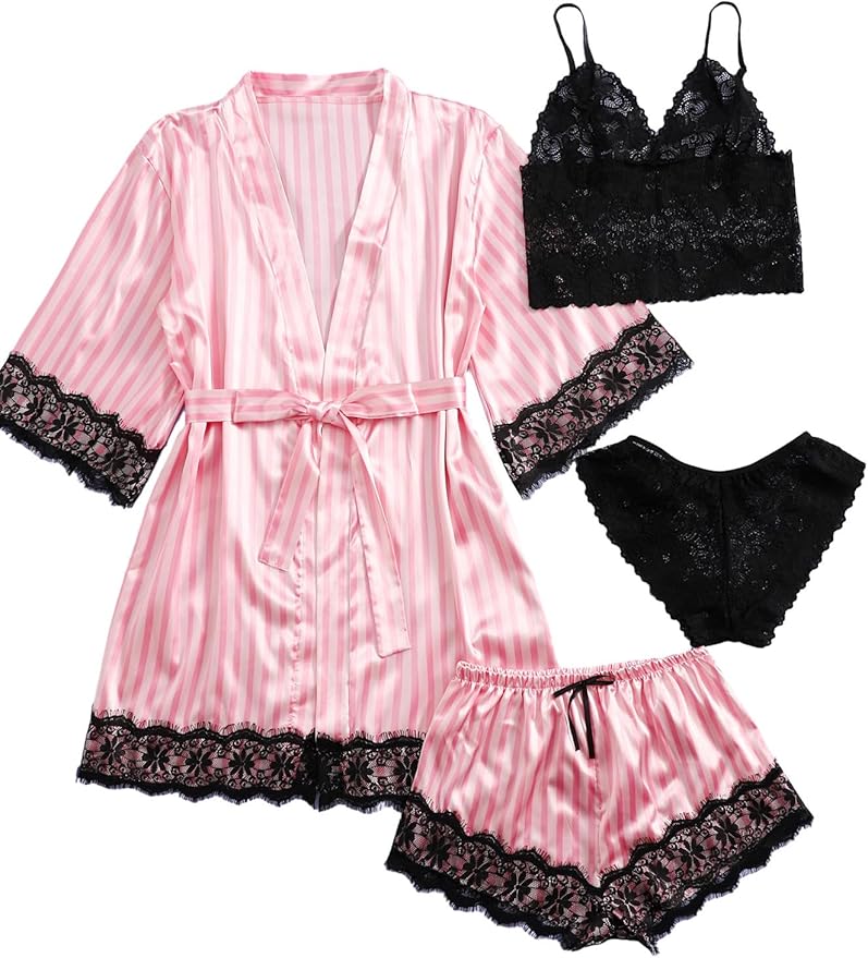 SOLY HUX Women's Satin Pajama Set with Lace Trim – 4-Piece Sleepwear & Robe