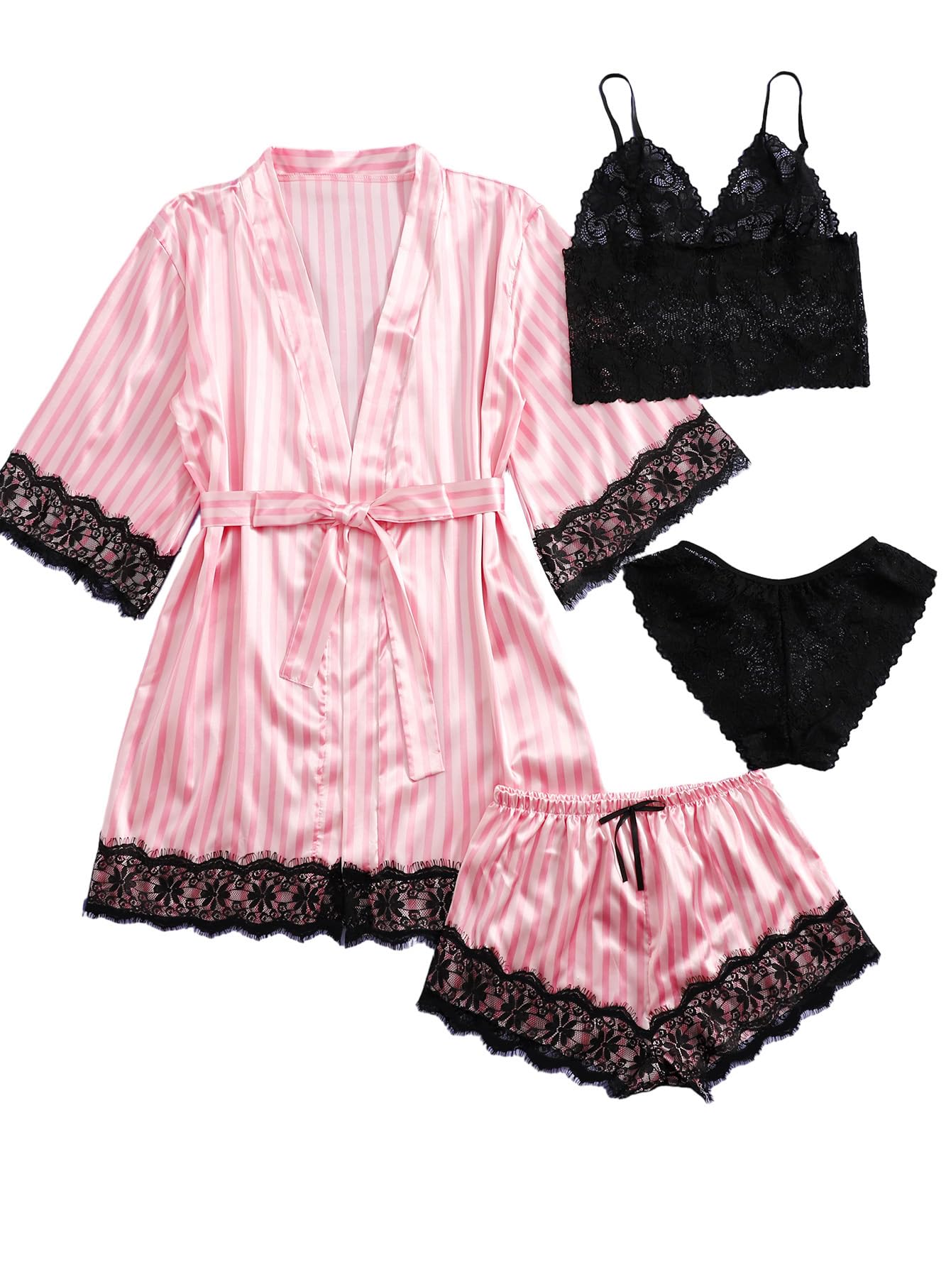 Women's Satin Pajama Set 4pcs Floral Lace Trim Cami Lingerie Sleepwear with Robe