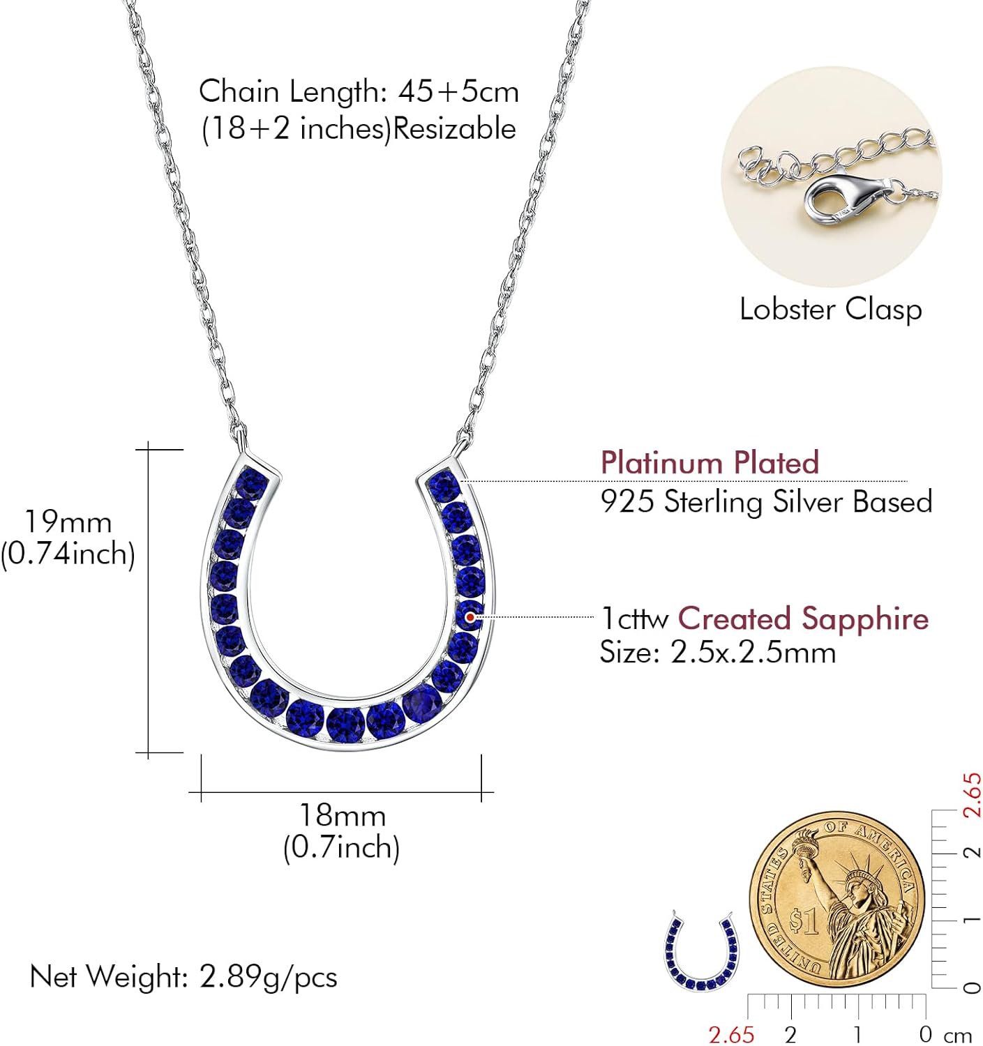 DAYBYDAY Horseshoe Necklace 925 Stelring Silver Channel Set Moissanite Horse Shoe Pendant with 18" Chain Lucky Jewelry for Women