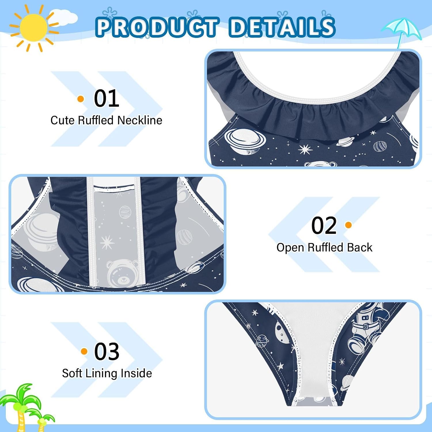 visesunny Girls One Piece Swimsuits Ruffle Swimwear Cartoon Planet Astronaut Bathing Suits for Girls 3-6Y