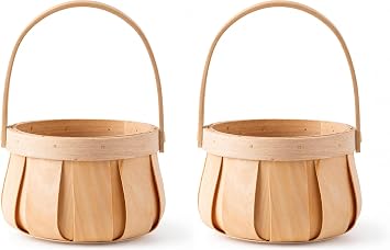 Vintiquewise Small Round Natural Woodchip Wooden Decorative Storage Basket with Handle Pack of 2