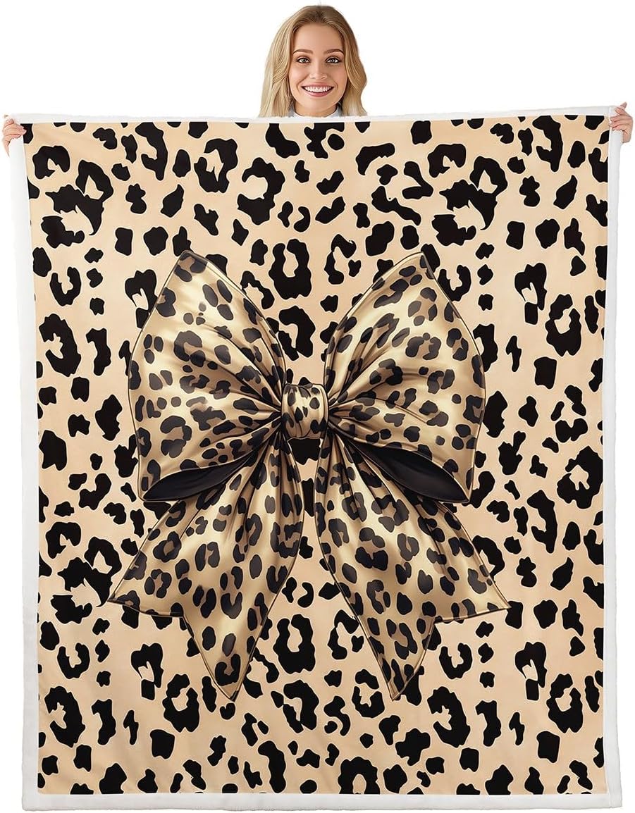 Pink Leopard Print Throw Blanket Boys Girls,Pink Bow Tie Butterfly Knot Princess Fuzzy Blanket All Seasons Bed Blanket,Cartoon Bowknot Plush Blanket Soft Warm Bed Throw,Twin (60 x 80 Inches)