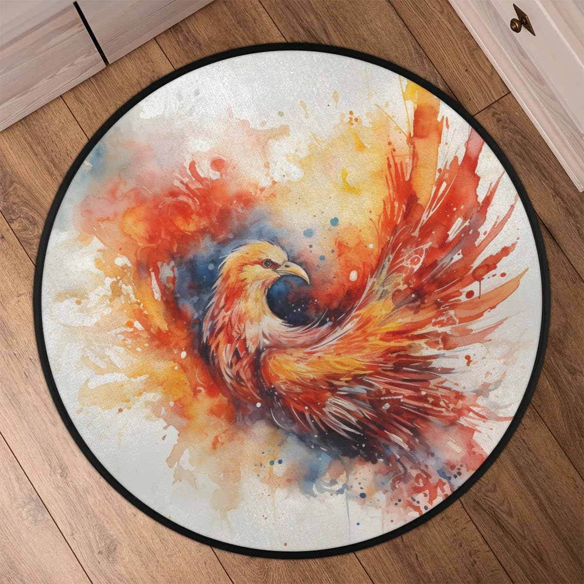 Phoenix Bird Watercolor Round Area Rug 3ft Washable Soft Circle Rugs Non-Slip Indoor Floor Mats Throw Rug Carpet for Nursery Kids Room Living Room Entryway Bedroom Bathroom Decor