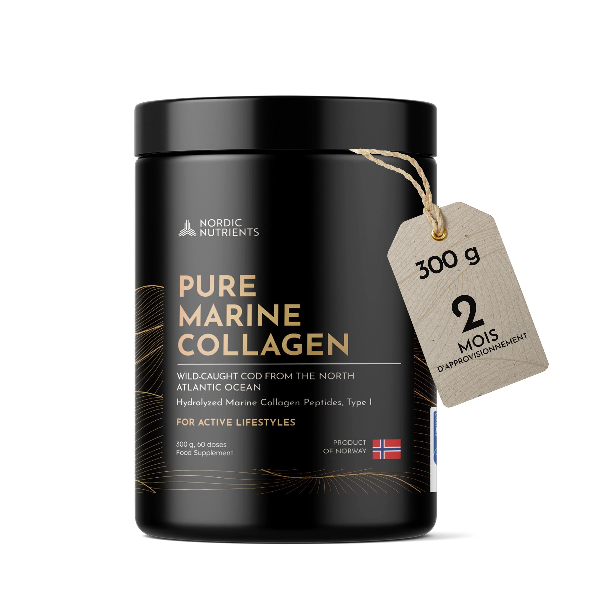 Nutriments Nordiques Collagène Marin Sauvage | Type I | 95% de Protéines | Pour les Articulations, les Muscles et les Os | Peau, Cheveux et Ongles | Cliniquement Testé | 300 g (2 Mois)