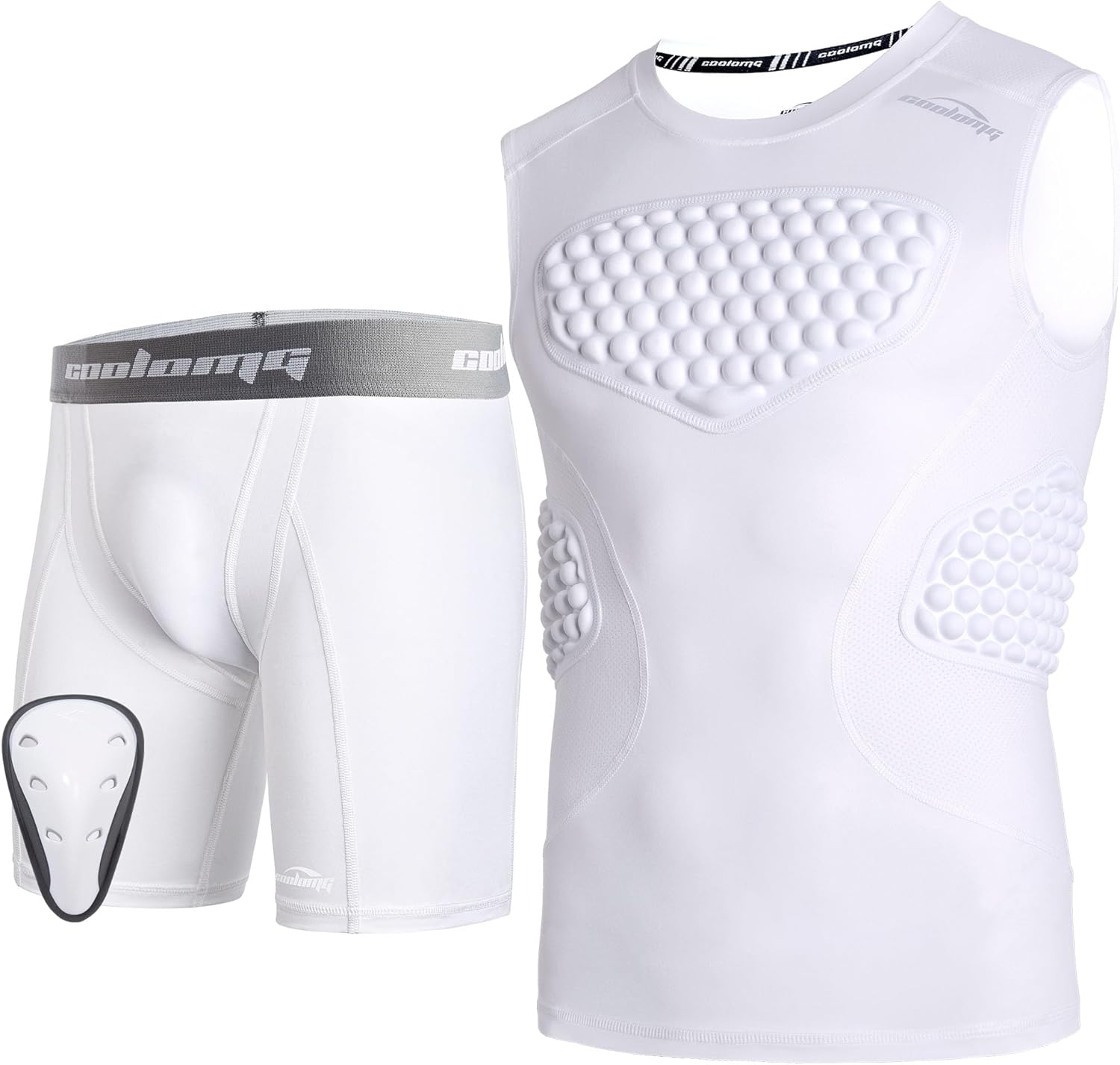 COOLOMG Mens Chest Rib Protector Padded Shirt + Mens Compression Shorts with Cup, White M