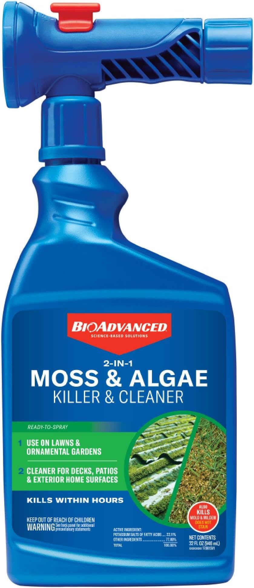 2-in-1 Moss and Algae Killer for Lawns, Moss Killer for Roofs, Patios, Decks, and Deck Cleaner, 32 oz