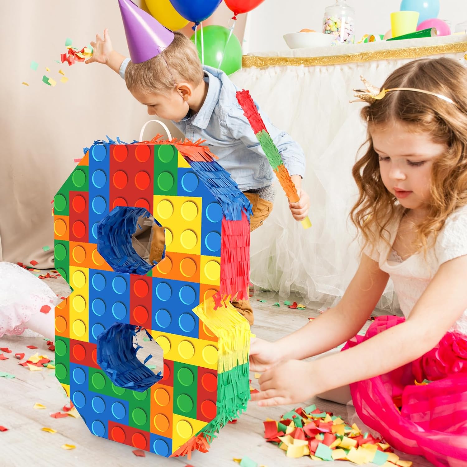 Number 8 Pinata with Blindfold and Bat Stick Building Block 8th Birthday Decorations for Kids Boys Girls Building Block Birthday Party Games Number Pinata for Fiesta Building Blocks 8