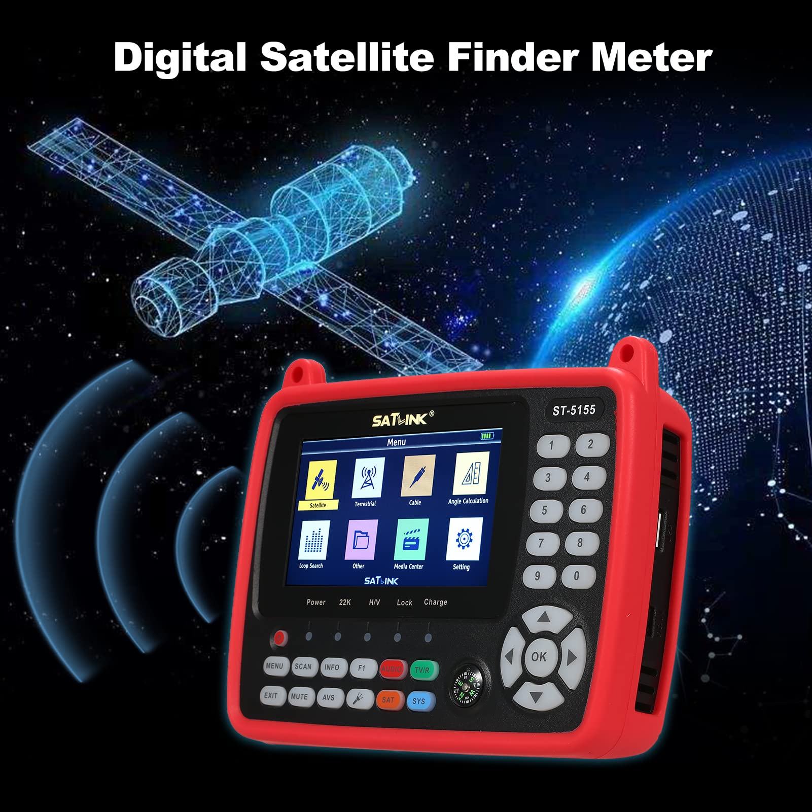 Digital Satellite Finder Meter DVB-S/S2/T/T2/C - Misuratore combinato portatile per TV satellitare, 2600 mAh, misuratore di segnale digitale ricaricabile, H.264/H.265 HEVC MPEG-2/4