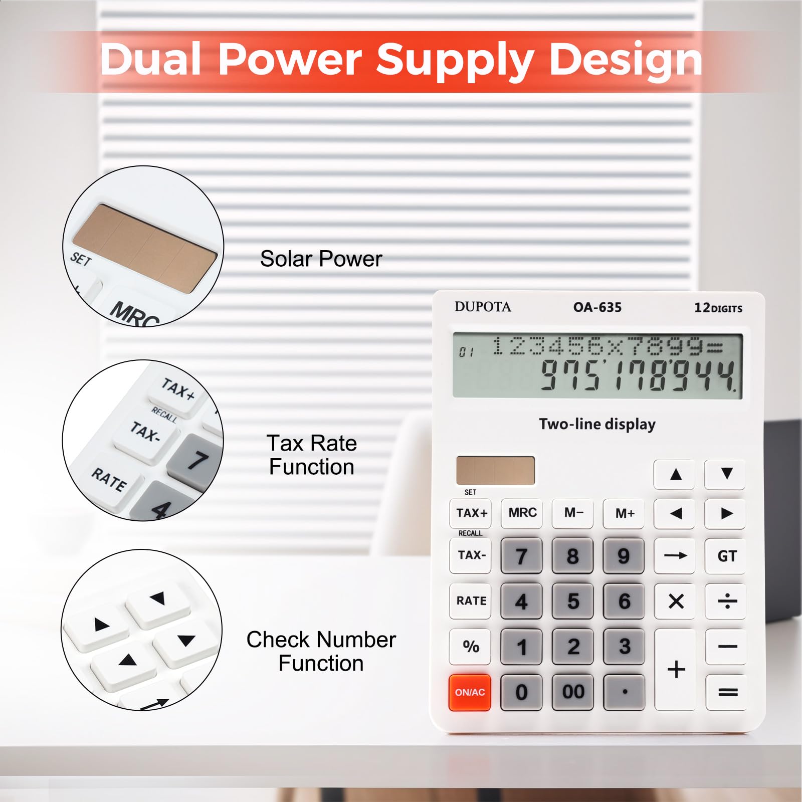 Calculatrice portable grand écran gros boutons avec écran LCD à 12 chiffres 2 lignes, double énergie solaire et batterie, calculatrice avec fonction taxe et chat pour bureau, maison, école et