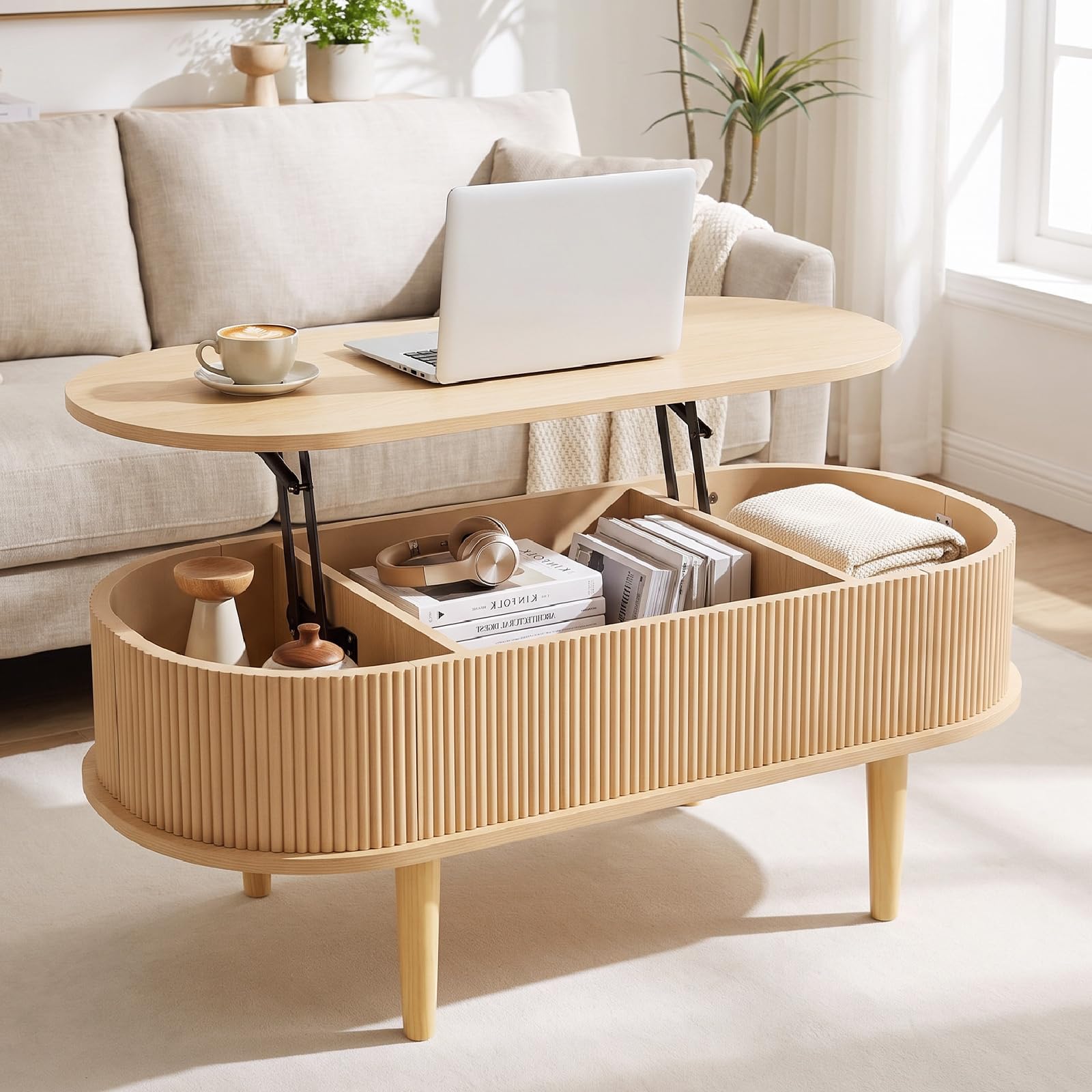 COSTWAY Oval Lift Up Top Coffee Table with Hidden Storage Compartments