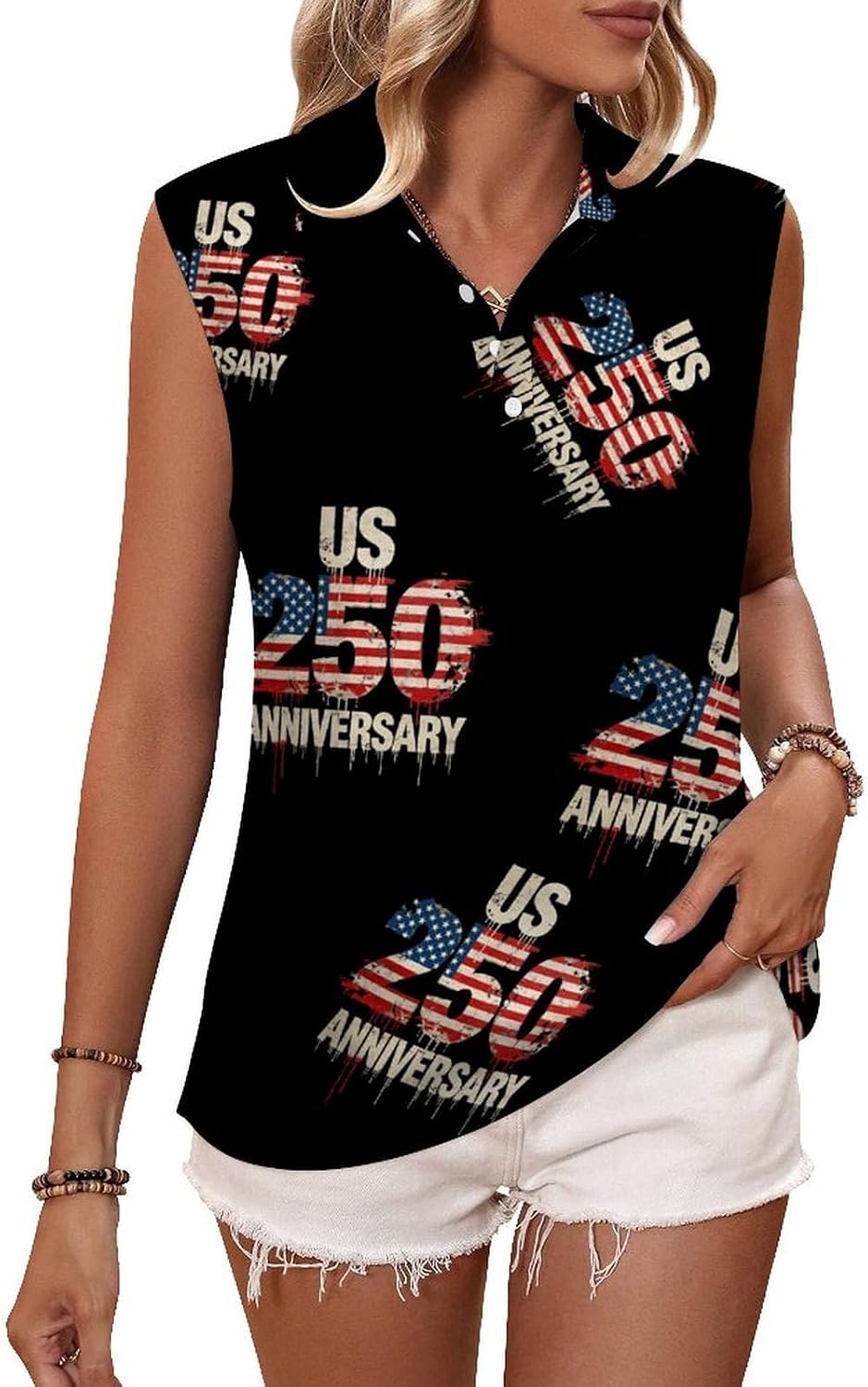 U.S. 250th Anniversary Womens Sleeveless V Neck Golf Polo Shirts | Collared Tank Tops