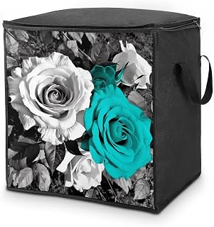 Comforter Storage Bag Large Capacity Zipper Clothes Storage Bag 70L | White Teal Gray Rose Flowers Clothes Storage Bin with Handle Foldable Storage Box Container for Bedding Closet Blanket