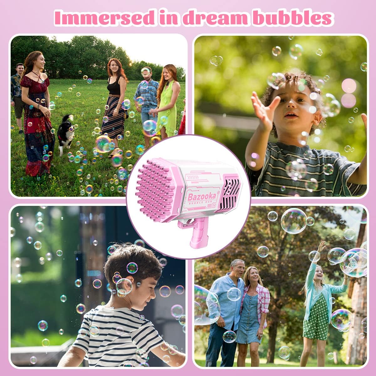Big Rocket Boom Bubble Blower - 69 Holes Bubbles Rocket Launcher Gun Machine with Colorful Lights for Adults Kids, Giant Foam Maker Guns Toys Wedding Outdoor Party Favors Gift (Pink)