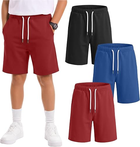 Vinsatin 3 Pack Boys Athletic Sweat School Shorts, 3-Color, 11-12 Years