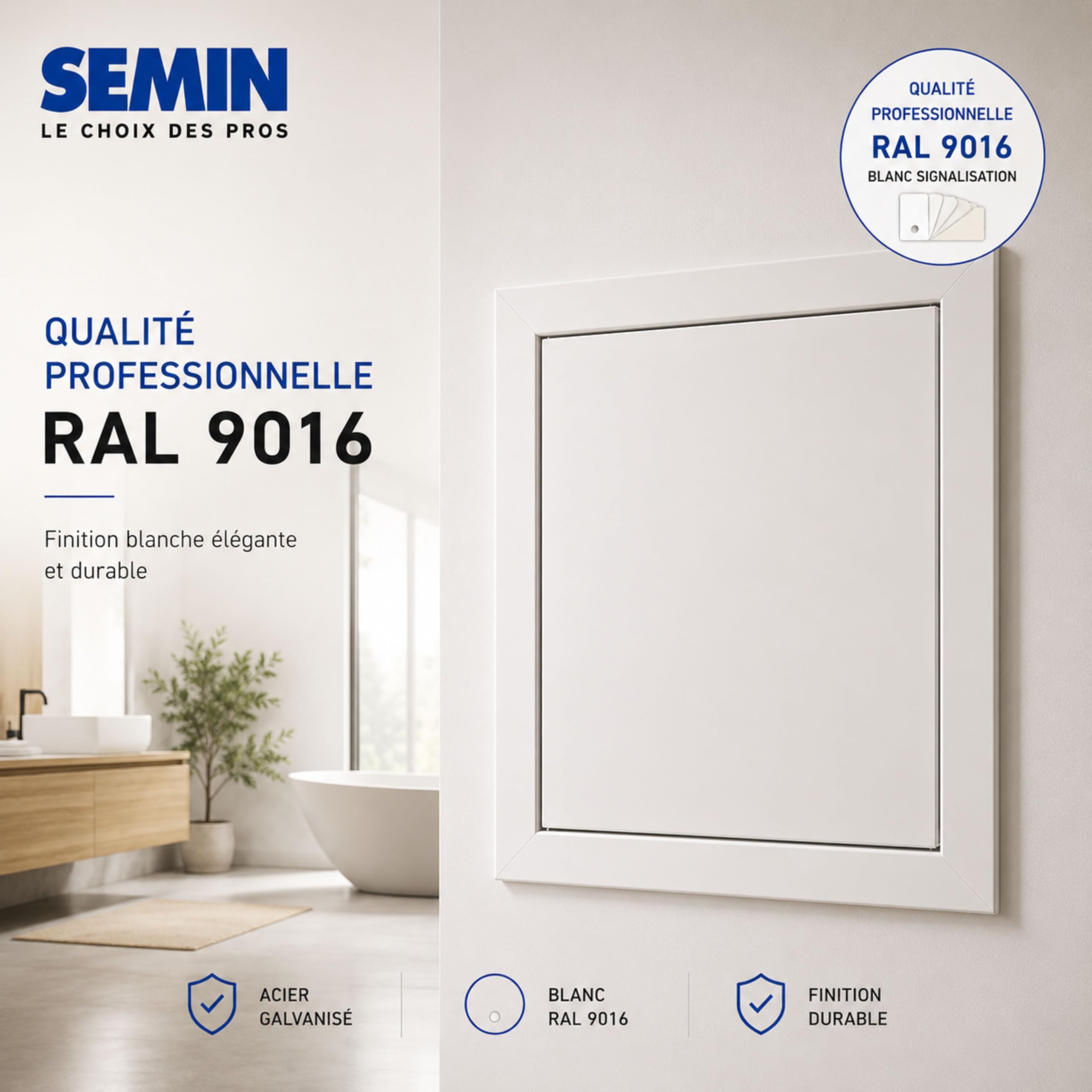 SEMIN Trappe de Visite HQ 500 x 500 mm – Trappe Métallique Laquée Blanche – Isolante Acoustique 29,8 dB – Étanche à l’Air et à la Poussière – Mur et Plafond – VMC et Gaines Techniques