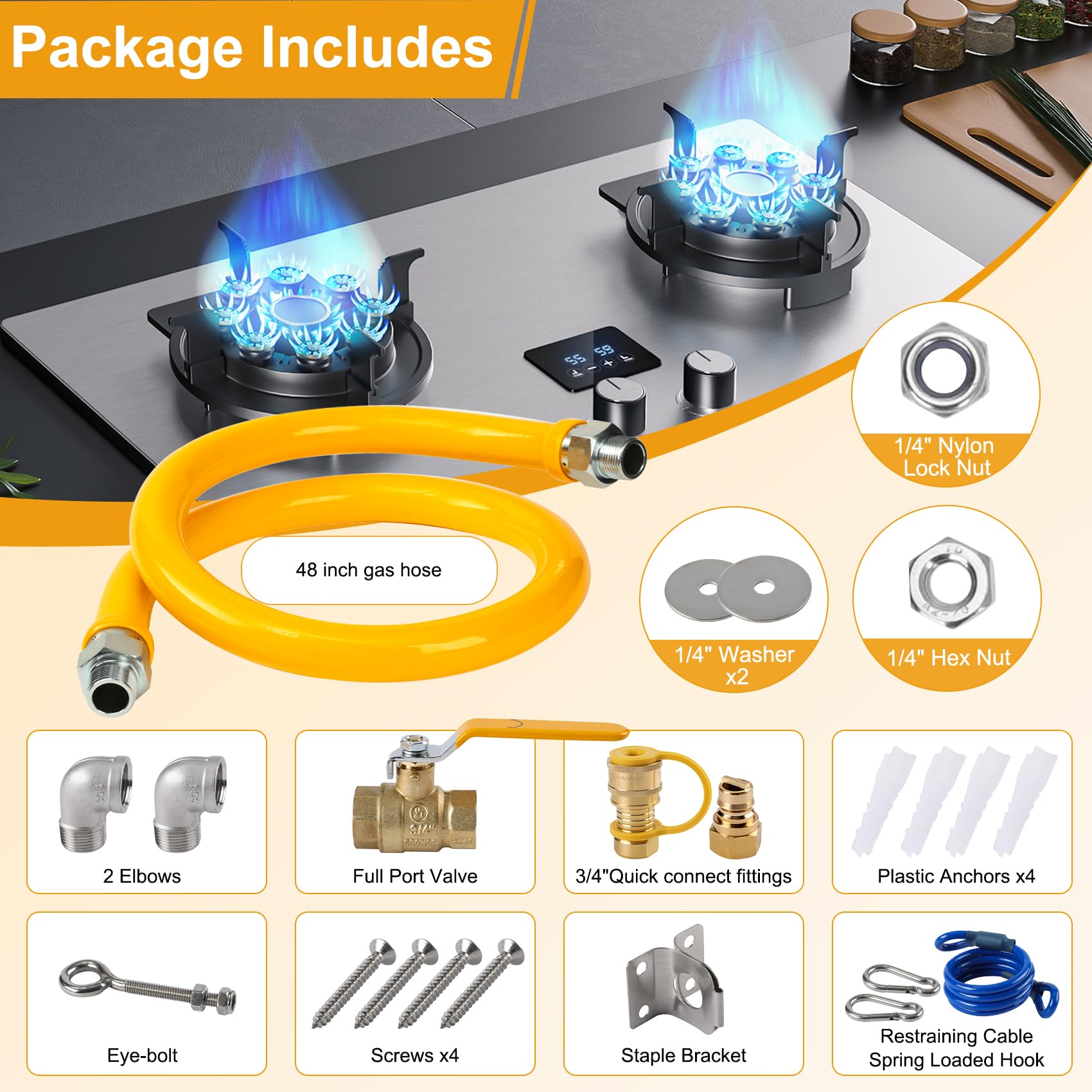 1675kit48 - Manguera de línea de gas para cocina comercial, línea flexible de gas de 3/4 pulgadas, kit de conector de manguera de gas móvil de 48 pulgadas con 2 codos, amarillo