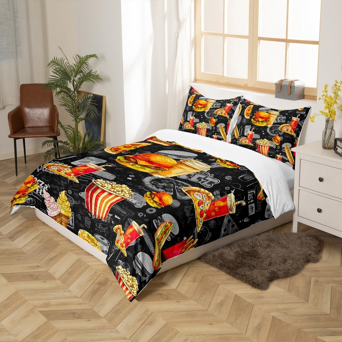 Kids Favourite Food Duvet Cover Set Queen Size,Hamburger Ice Cream Pizza Bedding,Boys Girls Home/Guest Room Decor,Graffiti Hip Hop Chic Comforter Cover,Black Cartoon Quilt Cover,3pcs,2 Pillowcases